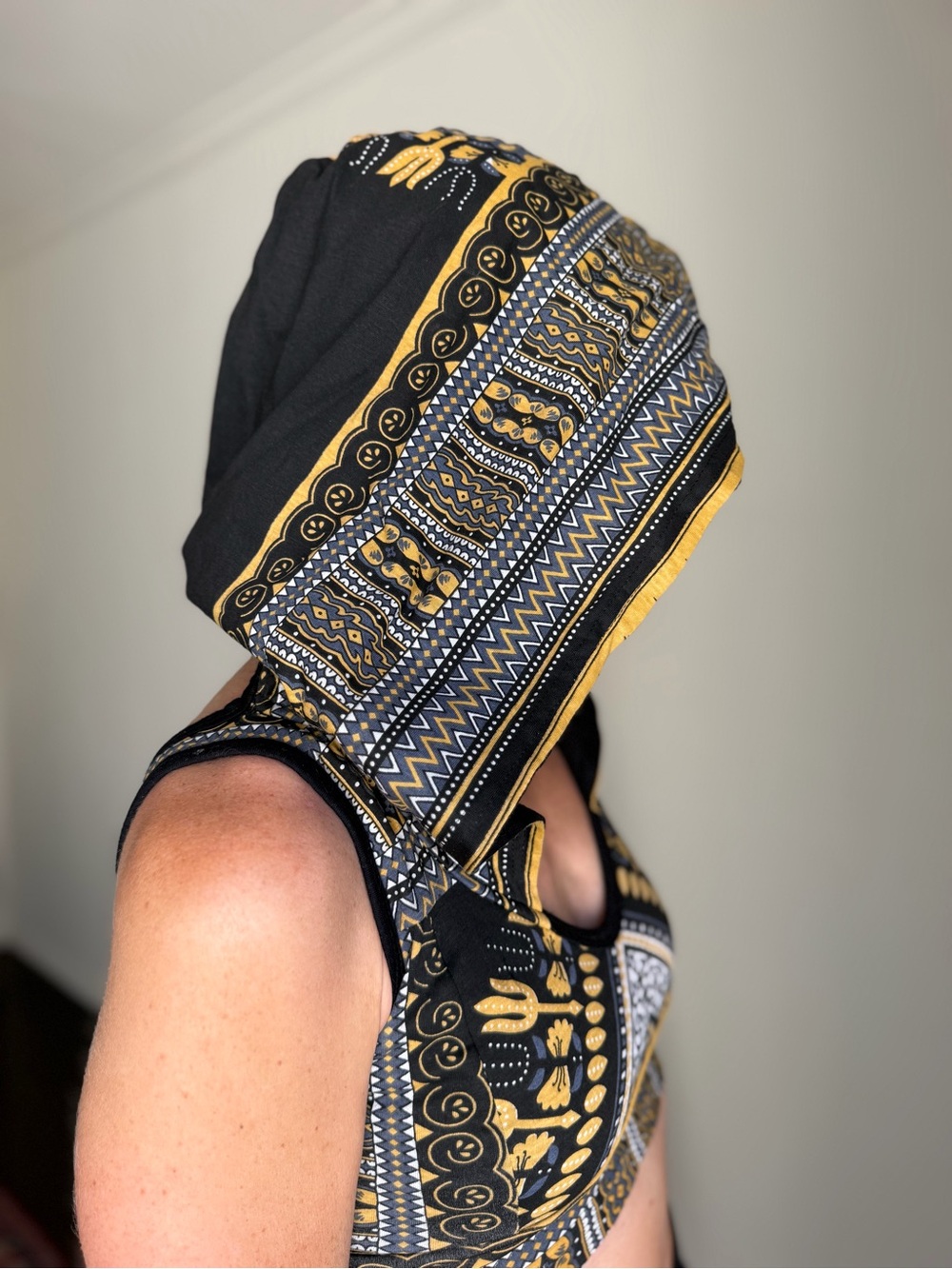 Black and Gold Patterned Hooded Crop Top